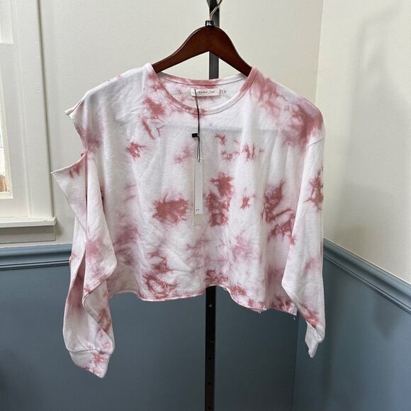 NWT MUSTARD SEED Oversized Pink Tie Dye Cropped Sweatshirt Shoulder Cut Out Smal - Picture 1 of 5